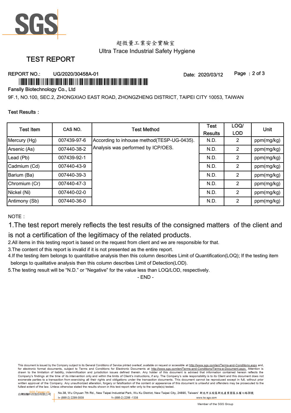 Fanslly-800 HOCL powder Safety Test Report